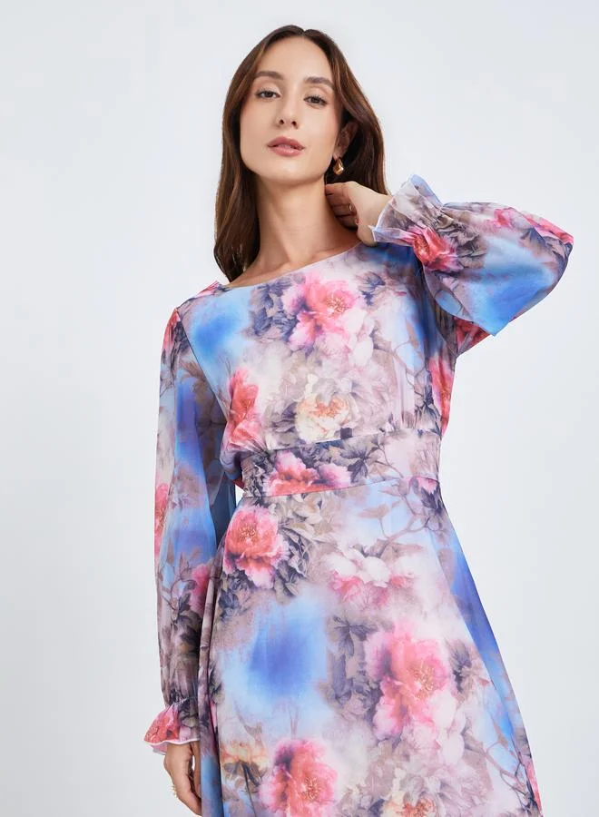 Take Two Women Floral Printed Round Neck Elastic Cuff Midi Dress